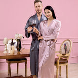 THXSILK 19 Momme Pink+Grey Silk Couple Long  Bathrobe Sets